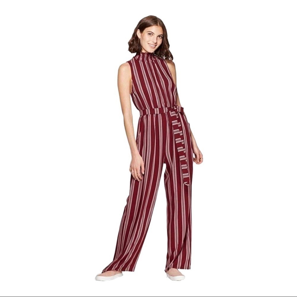Xhiliration Striped Sleeveless Jumpsuit With High Neck